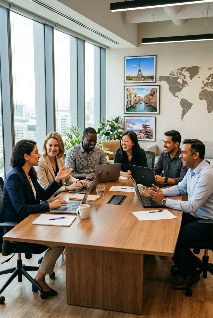 Six multicultural travel and tourism professionals collaborating around a table with laptops